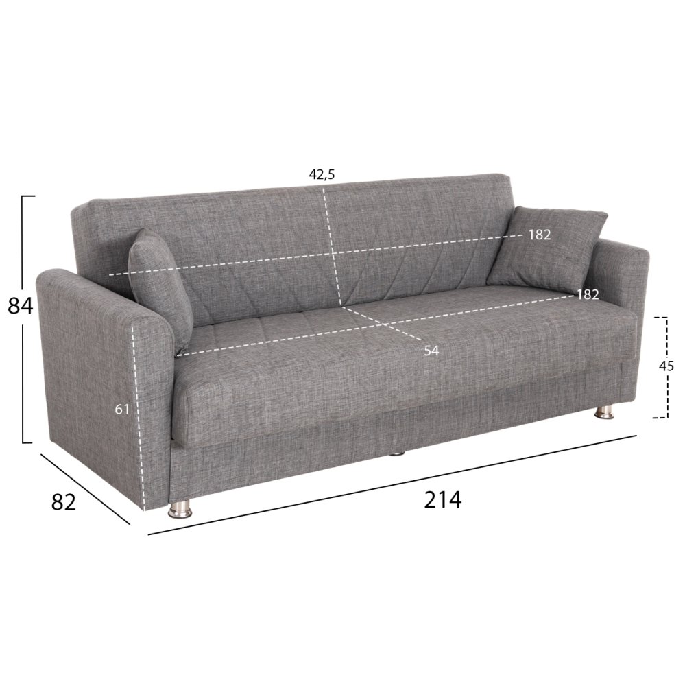 SCHLAFSOFA 3-SITZER ANDRE ANTHRAZIT-STOFF-STAUBRAUM 214x82x84Hcm