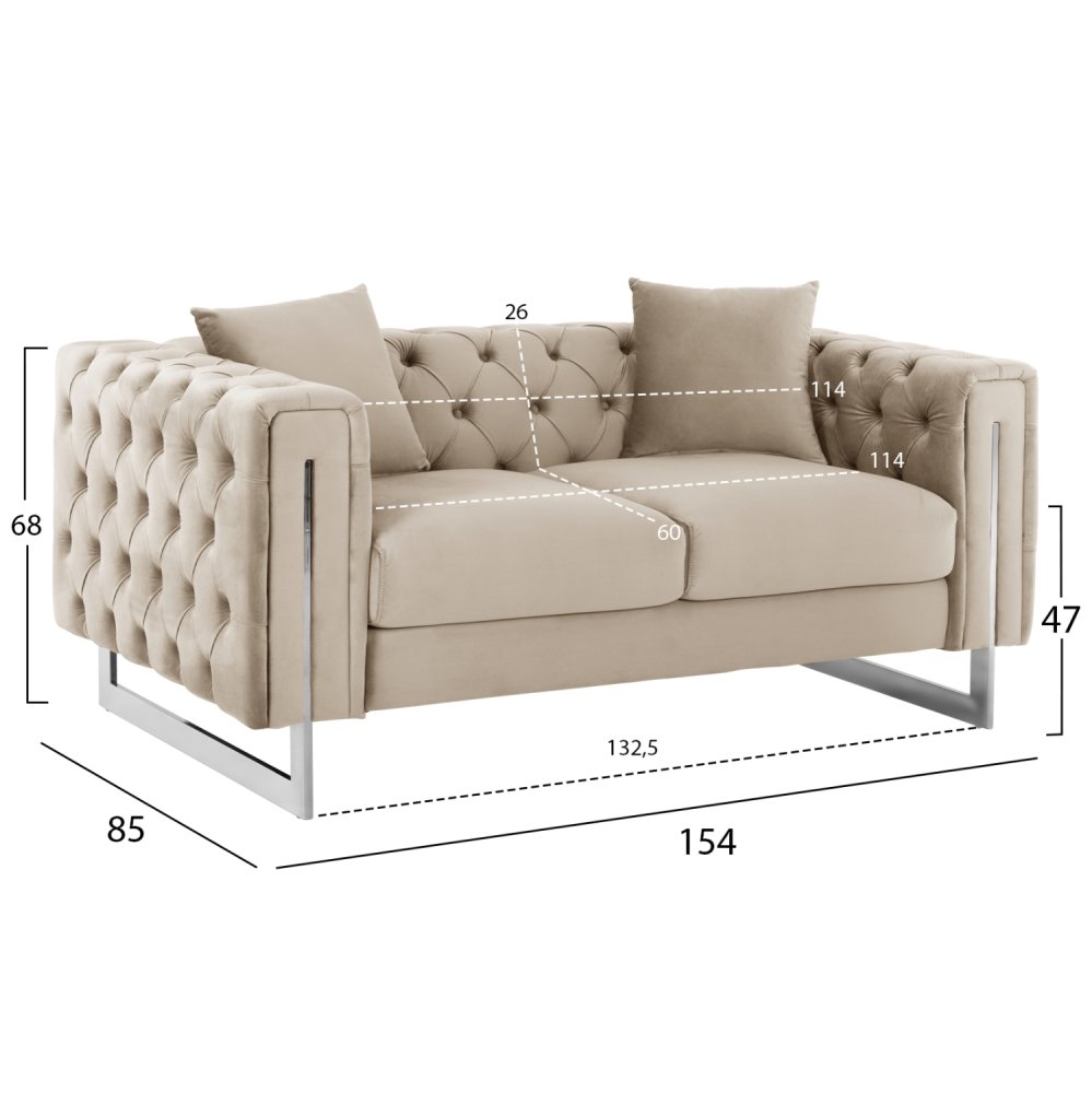 SOFA 2-SITZER t.CHESTERFIELD MOBAR CREME SAMT-METALLBEINE 154x85x68Hcm