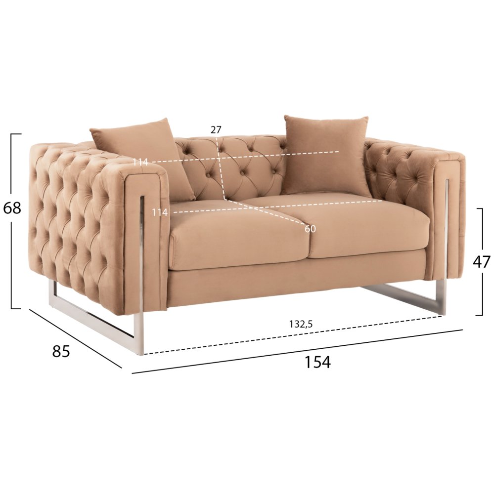 SOFA 2-SITZER t.CHESTERFIELD MOBAR BEIGE SAMT-METALLBEINE 154x85x68Hcm