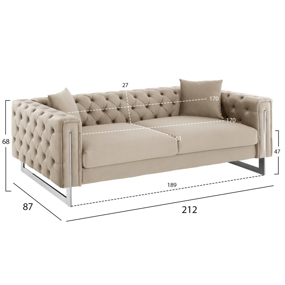 SOFA 3-SITZER t.CHESTERFIELD MOBAR CREME SAMT-METALLBEINE 212x87x68H cm