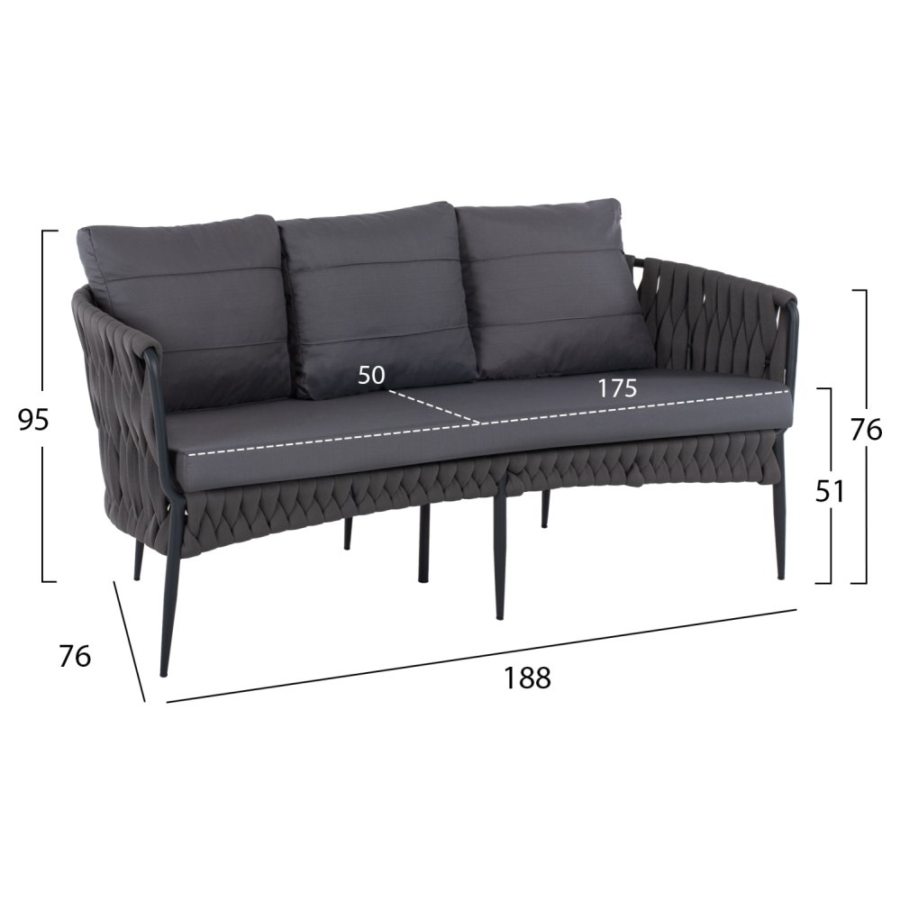 3-SITZ SOFA ANTHRAZIT-HELLGRAU MIT ALUMINIUMRAHMEN 188x76x95 cm