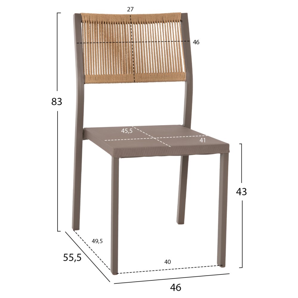 ALUMINIUMSTUHL IN CHAMPAGNER FARBE MIT BEIGEM RATTAN & TEXTLINE 46x55,5x83 cm