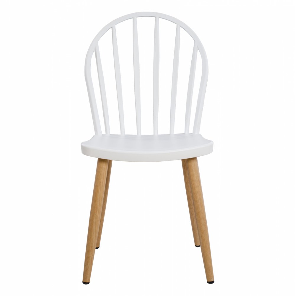 Modern Dining Chair with metal legs in natural wood finish, in white