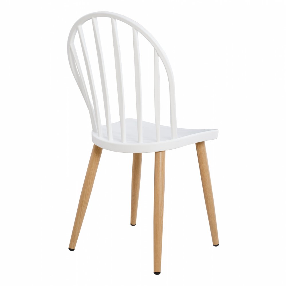 Modern Dining Chair with metal legs in natural wood finish, in white