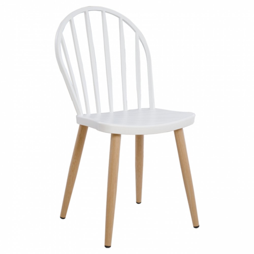 Modern Dining Chair with metal legs in natural wood finish, in white