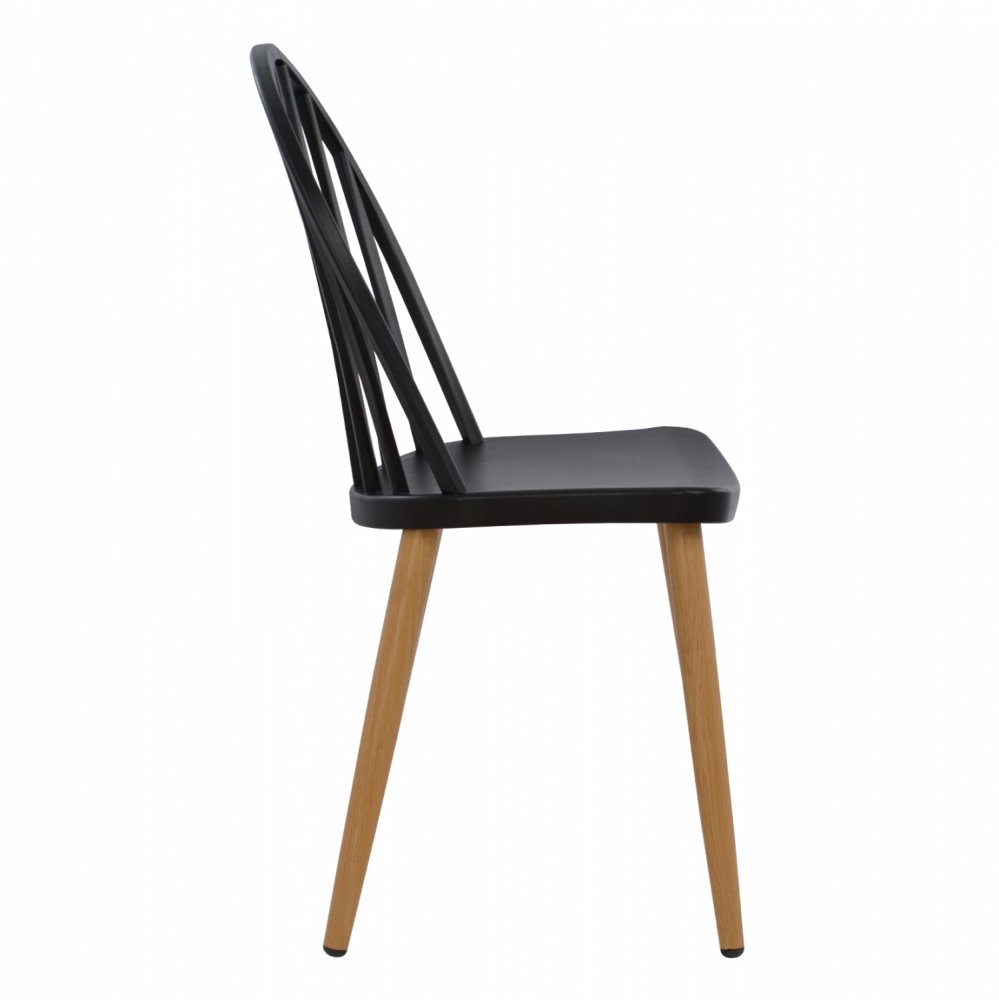 Moderner Esszimmerstuhl mit Metallbeinen aus Naturholzoberfläche, in Schwarz
