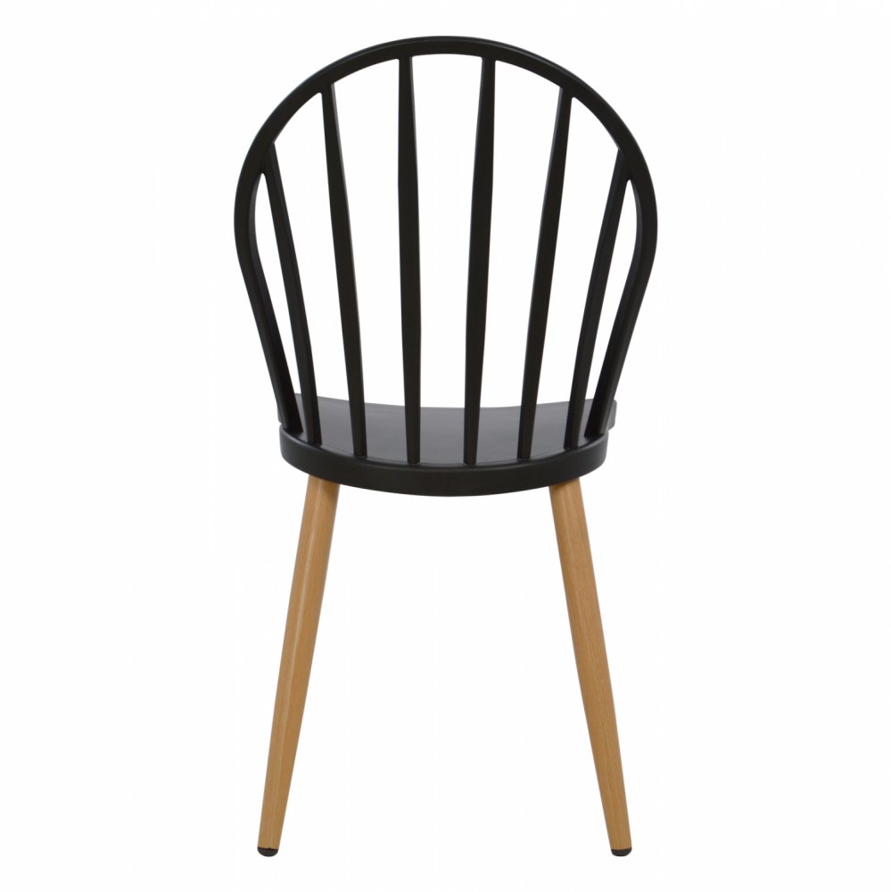 Moderner Esszimmerstuhl mit Metallbeinen aus Naturholzoberfläche, in Schwarz