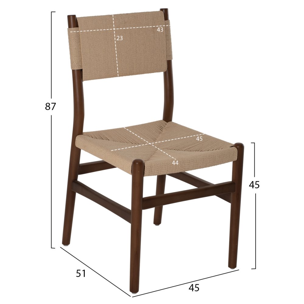 DINING CHAIR BEECH WOOD WALNUT- NATURAL ROPE ECRU 48X52X85Hcm