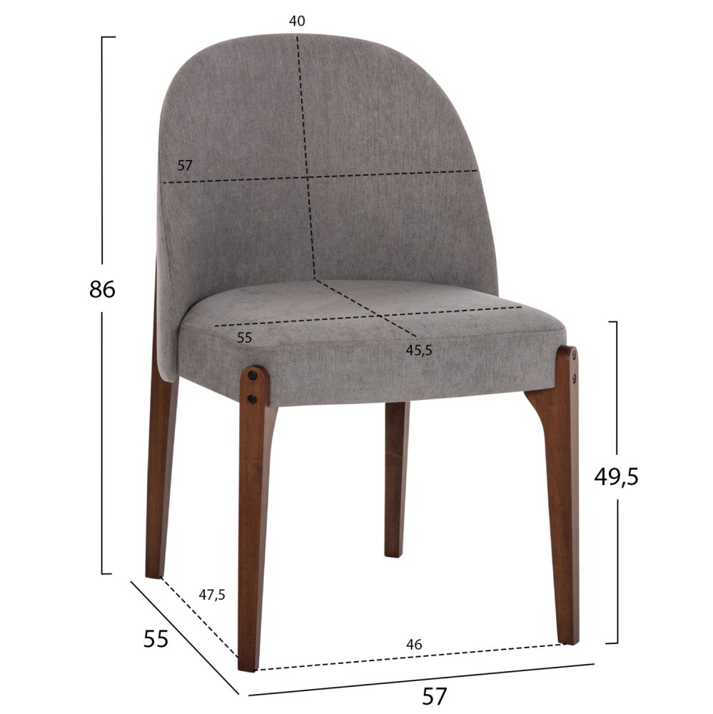 DINING CHAIR RUBBERWOOD IN WALNUT-GREY FABRIC 57x55x86Hcm