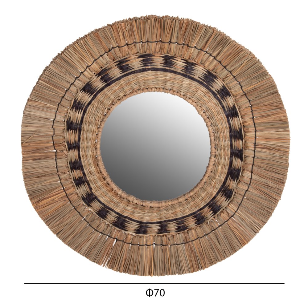WANDSPIEGEL RUND GESTRICKTER MENDONG-GRASRAHMEN IN SCHWARZ UND NATURFARBE Φ70 cm