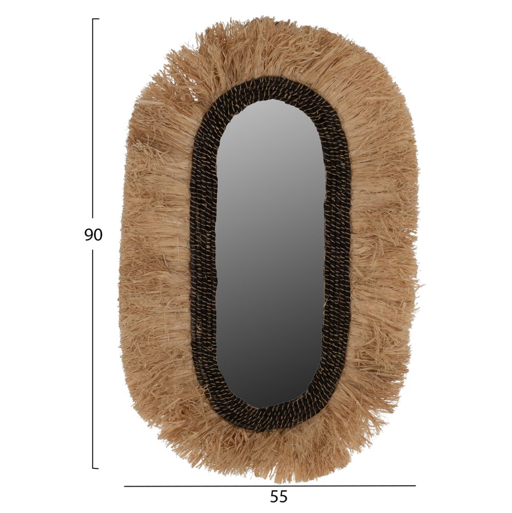 WANDSPIEGEL OVAL AUS SISALFASERN IN NATÜRLICHEN UND SCHWARZEN ABACA-FASERN 55x4x90Hcm