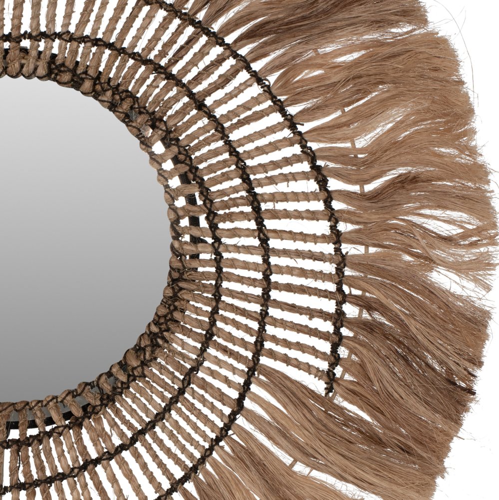 RUNDER WANDSPIEGEL AUS ABACA-FASERN IN NATUR & SCHWARZEM SEIL 80x4x80cm