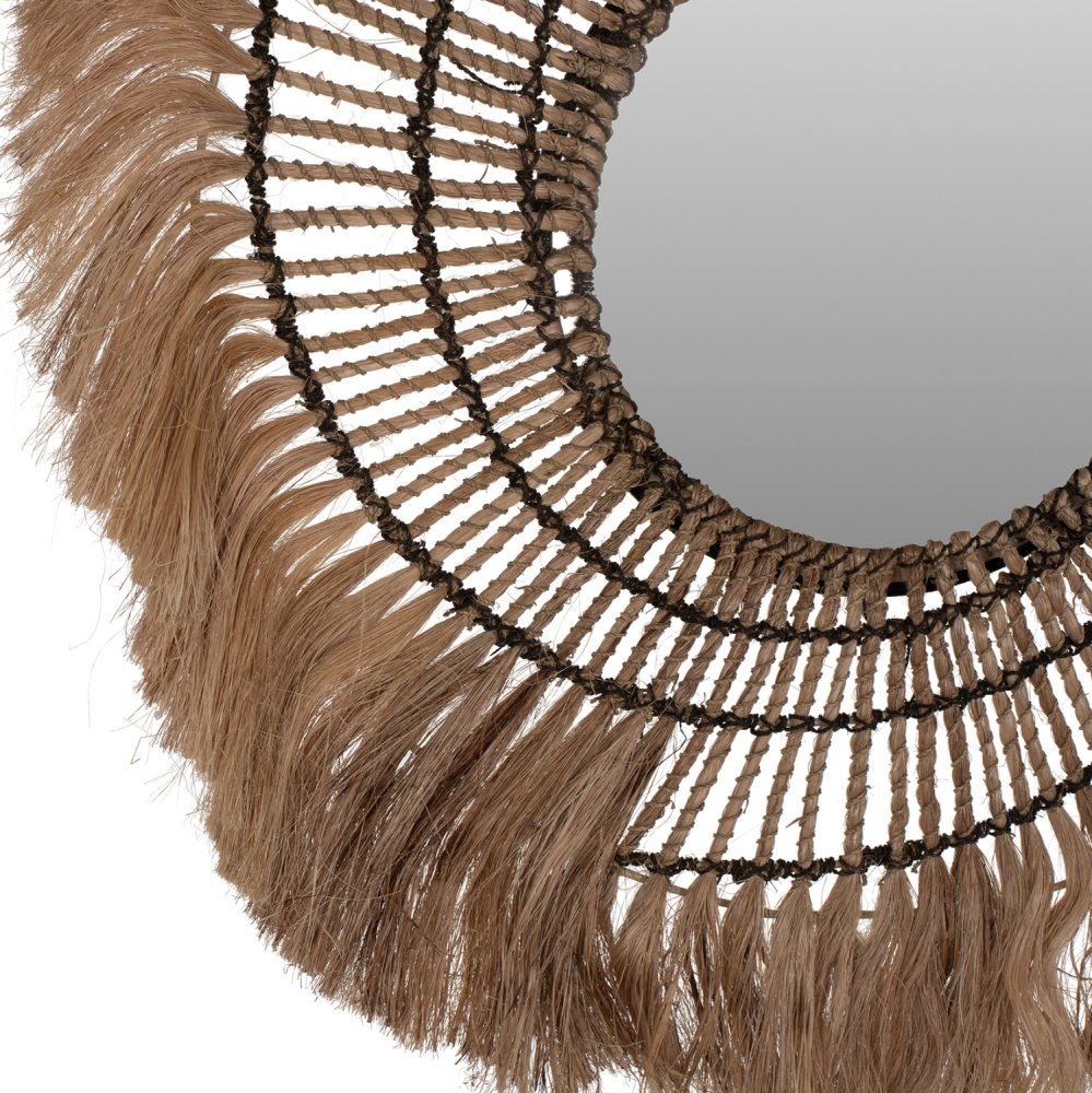 RUNDER WANDSPIEGEL AUS ABACA-FASERN IN NATUR & SCHWARZEM SEIL 80x4x80cm