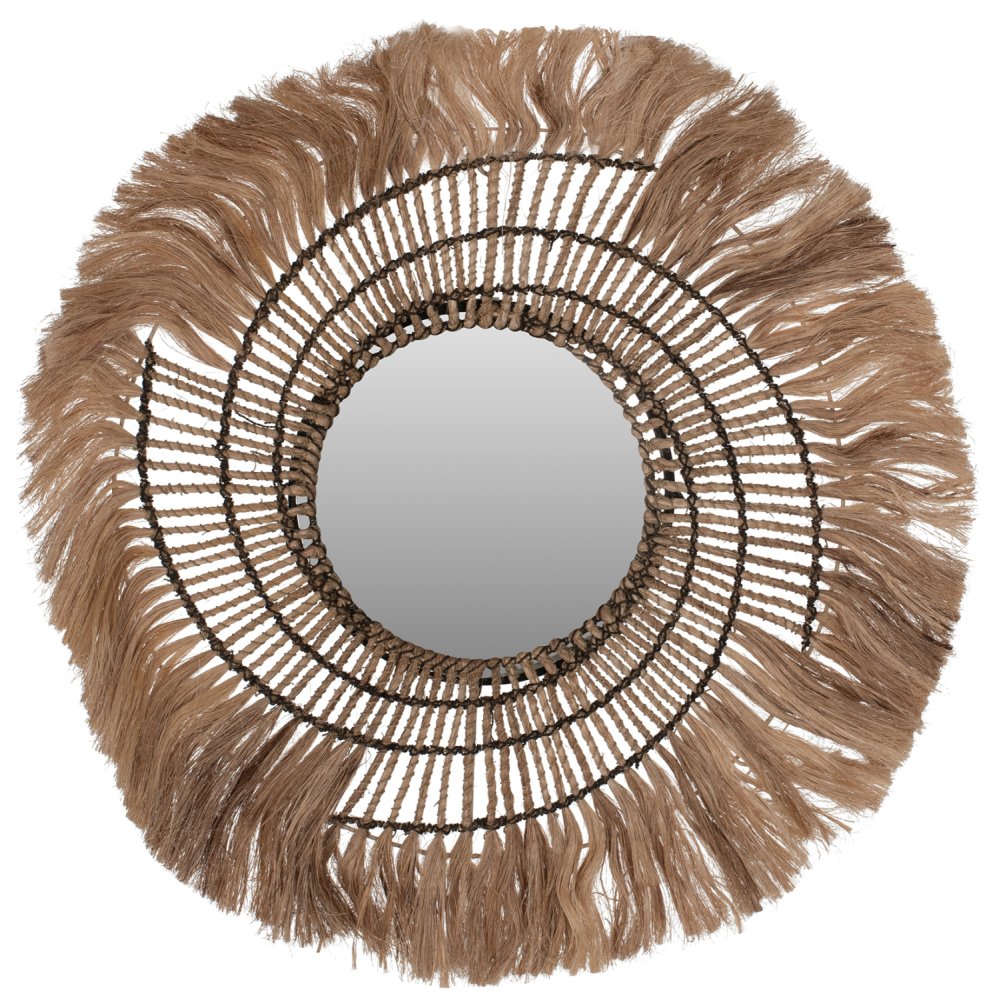 RUNDER WANDSPIEGEL AUS ABACA-FASERN IN NATUR & SCHWARZEM SEIL 80x4x80cm