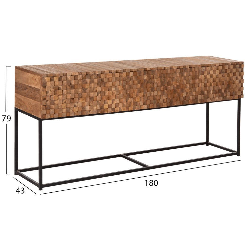 CONSOLE WITH DRAWERS JORDI TEAK WOOD IN NATURAL-BLACK METAL BASE 180x43x79Hcm