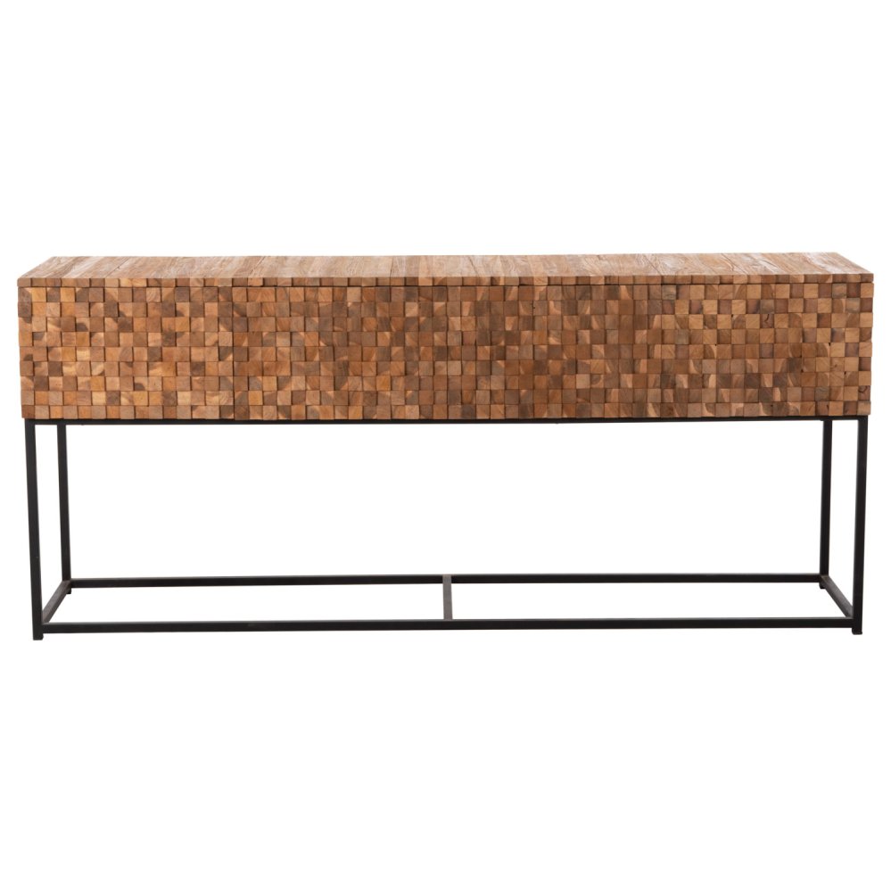 CONSOLE WITH DRAWERS JORDI TEAK WOOD IN NATURAL-BLACK METAL BASE 180x43x79Hcm