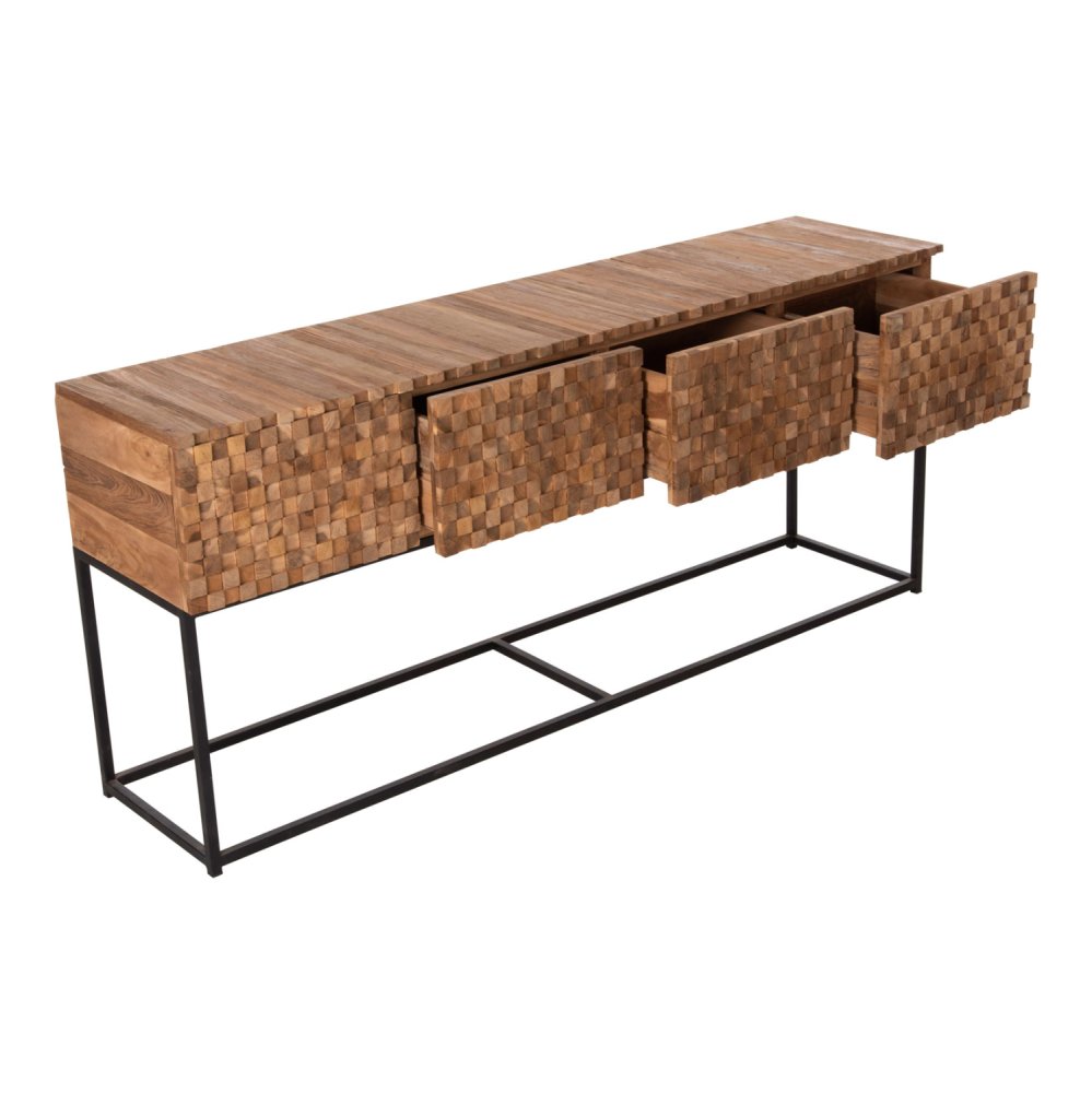 CONSOLE WITH DRAWERS JORDI TEAK WOOD IN NATURAL-BLACK METAL BASE 180x43x79Hcm