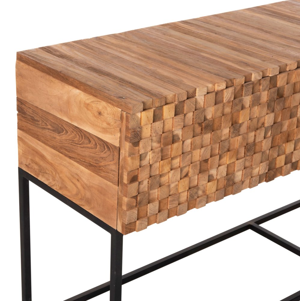 CONSOLE WITH DRAWERS JORDI TEAK WOOD IN NATURAL-BLACK METAL BASE 180x43x79Hcm