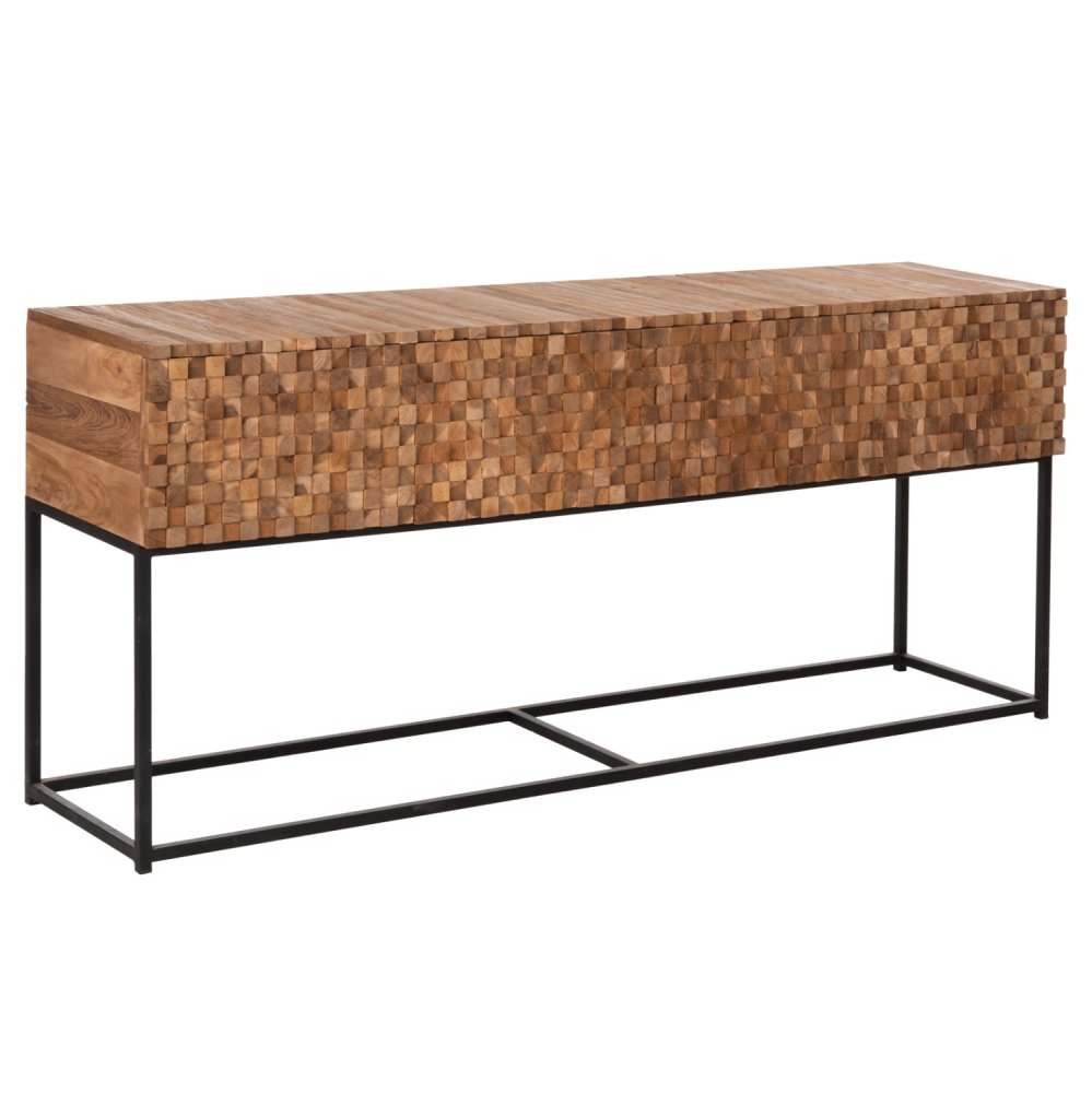CONSOLE WITH DRAWERS JORDI TEAK WOOD IN NATURAL-BLACK METAL BASE 180x43x79Hcm