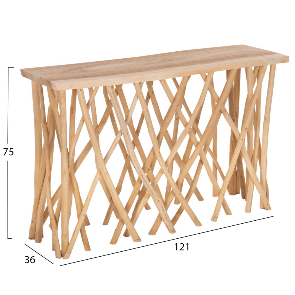 KRANT-KONSOLE IN TEAK-ZWEIGEN IM RUSTIKALEN STIL & 3 cm. OBERFLÄCHE 121X36X75 cm
