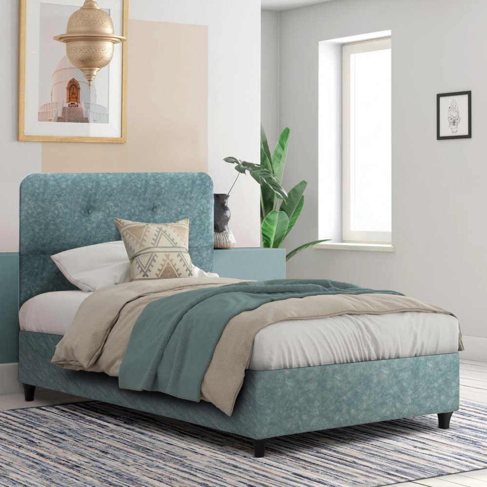 DOLORES BED IN LIGHT GREEN FABRIC FOR MATTRESS 90x200 cm.