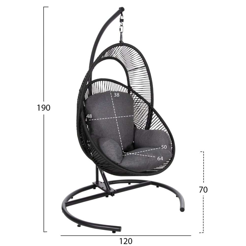HÄNGENEST SCHWARZES METALL UND SYNTH.RATTAN-GRAUE KISSEN 120x110x190Hcm