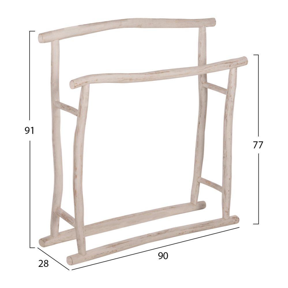 HANDTUCH HÄNGER AUS TEAK ÄSTEN IN WEIß PATINA 90x28x77-91Hcm