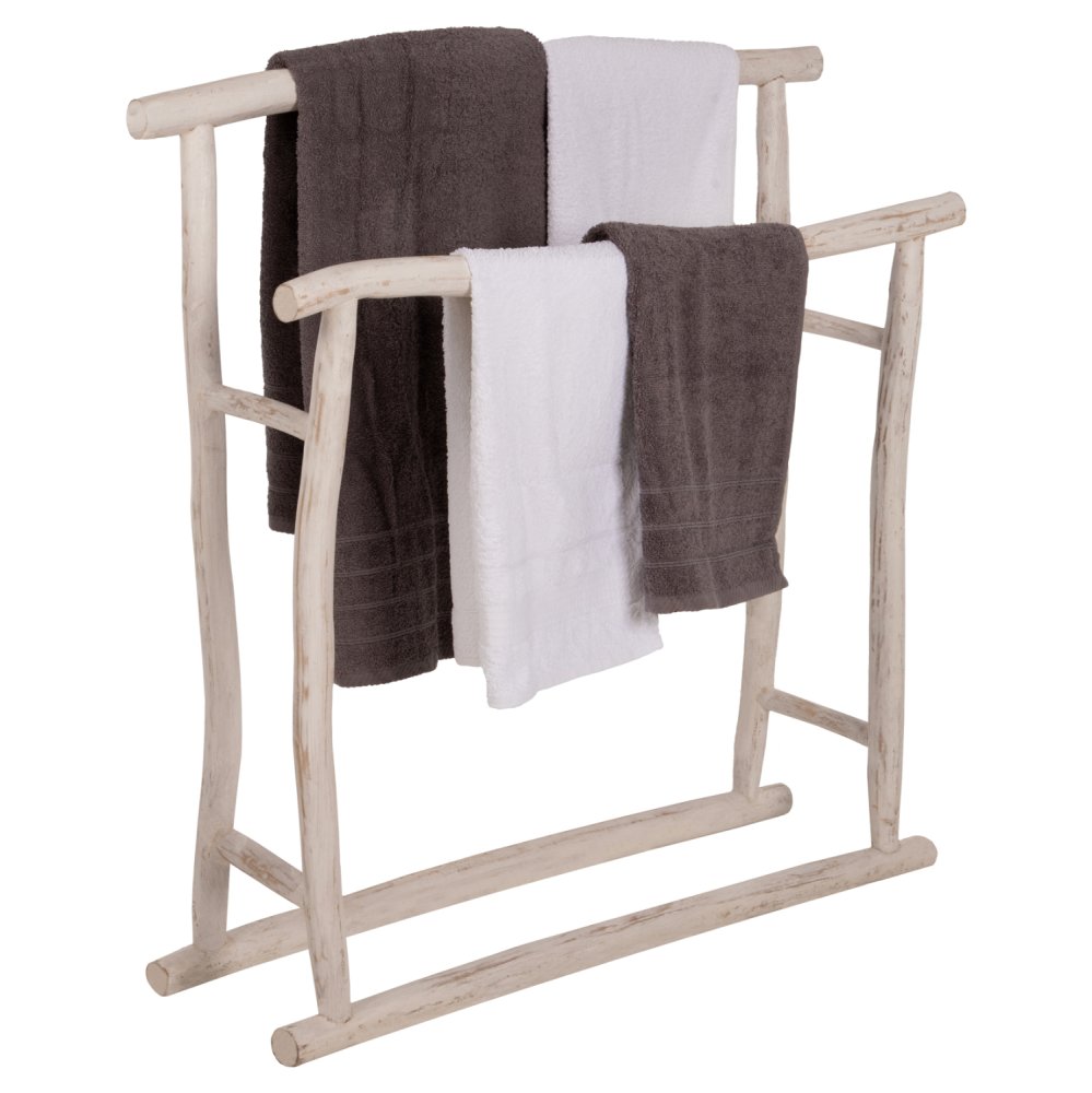 HANDTUCH HÄNGER AUS TEAK ÄSTEN IN WEIß PATINA 90x28x77-91Hcm