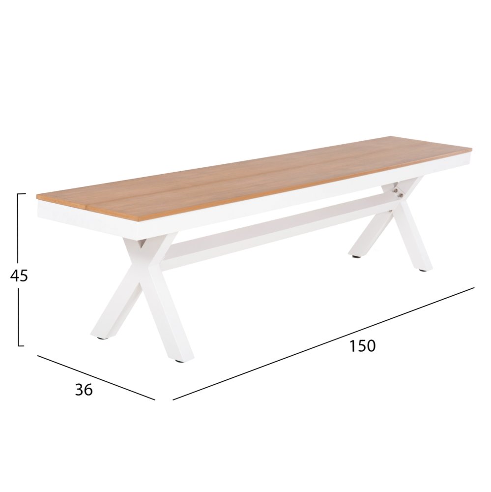 ALUMINIUMBANK WEISS MIT POLYWOOD-SITZ IN NATURHOLZFARBE 150x36x45Hcm