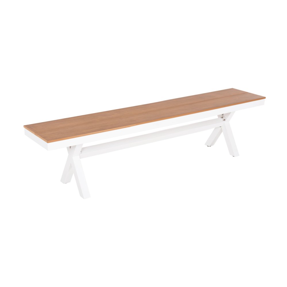 ALUMINIUMBANK WEISS MIT POLYWOOD-SITZ IN NATURHOLZFARBE 150x36x45Hcm