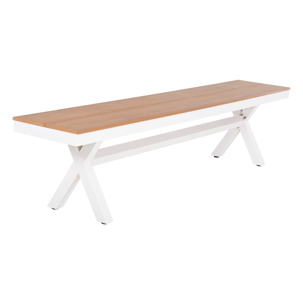 ALUMINIUMBANK WEISS MIT POLYWOOD-SITZ IN NATURHOLZFARBE 150x36x45Hcm