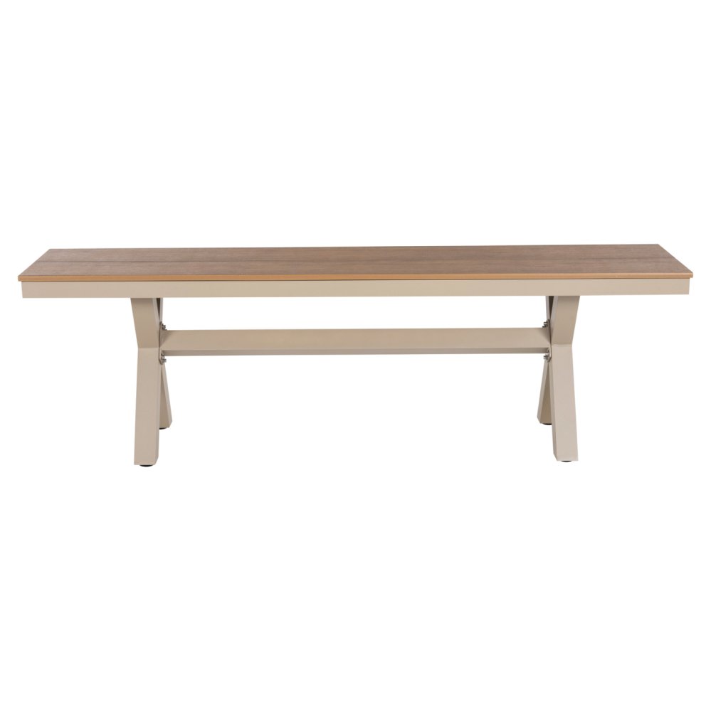 ALUMINIUMBANK CHAMPAGNERFARBE – POLYWOOD-SITZ IN NATÜRLICHER HOLZFARBE 150x36x45Hcm