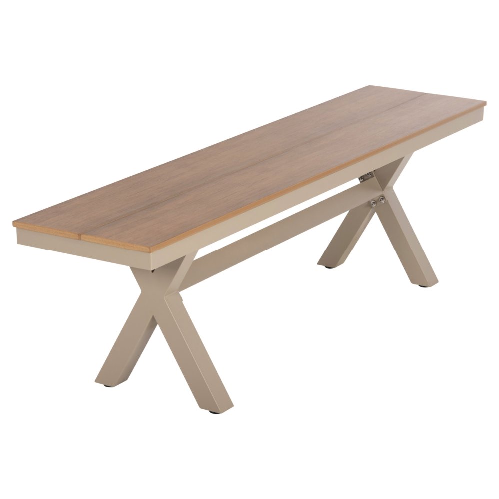 ALUMINIUMBANK CHAMPAGNERFARBE – POLYWOOD-SITZ IN NATÜRLICHER HOLZFARBE 150x36x45Hcm