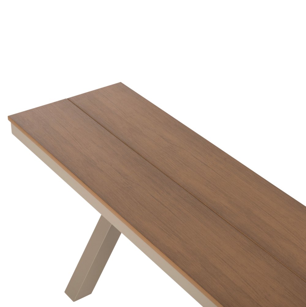 ALUMINIUMBANK CHAMPAGNERFARBE – POLYWOOD-SITZ IN NATÜRLICHER HOLZFARBE 150x36x45Hcm