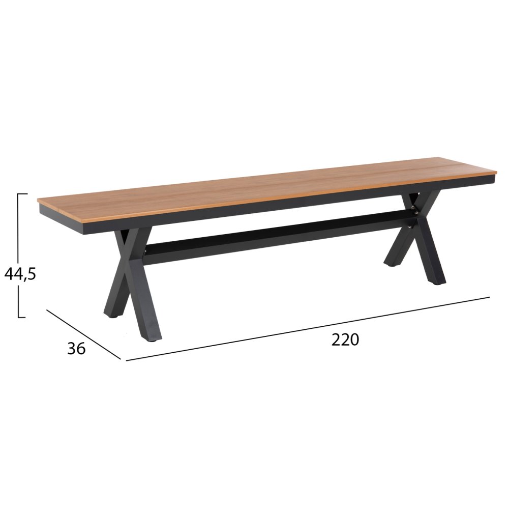 ALUMINIUMBANK ANTHRAZIT- POLYWOOD-SITZ IN NATURHOLZFARBE 220x36x44,5Hcm