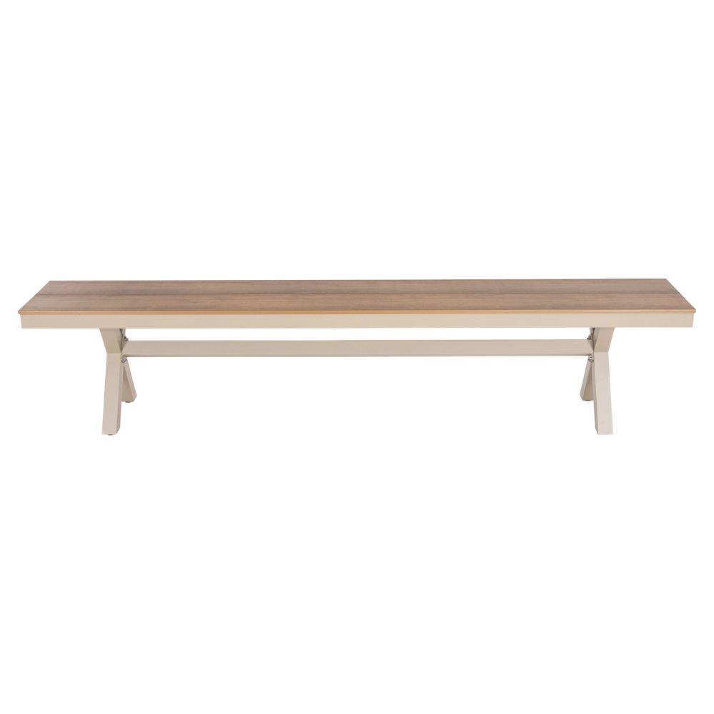 ALUMINIUMBANK CHAMPAGNERFARBE – POLYWOOD-SITZ IN NATÜRLICHER HOLZFARBE 220x36x44,5Hcm