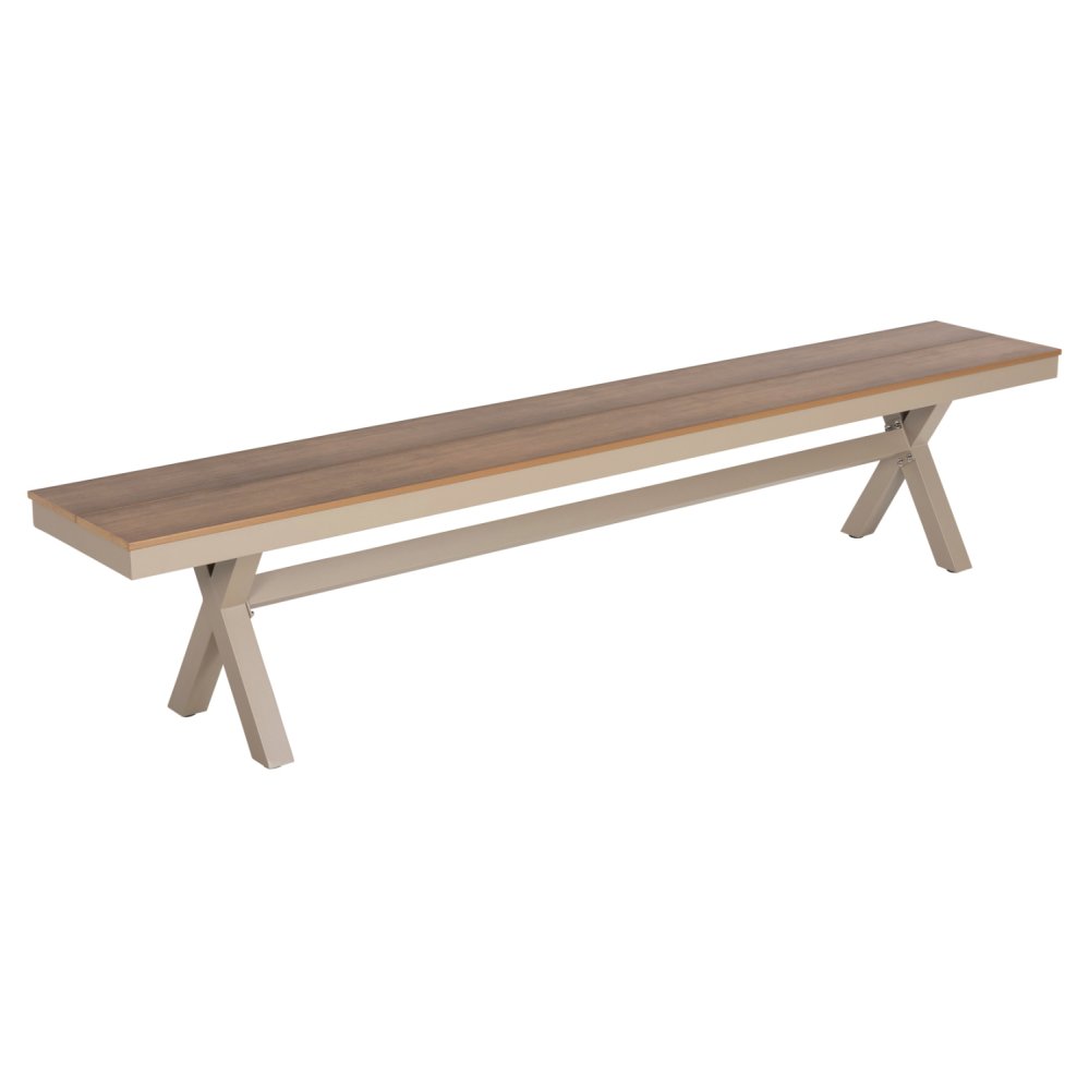 ALUMINIUMBANK CHAMPAGNERFARBE – POLYWOOD-SITZ IN NATÜRLICHER HOLZFARBE 220x36x44,5Hcm