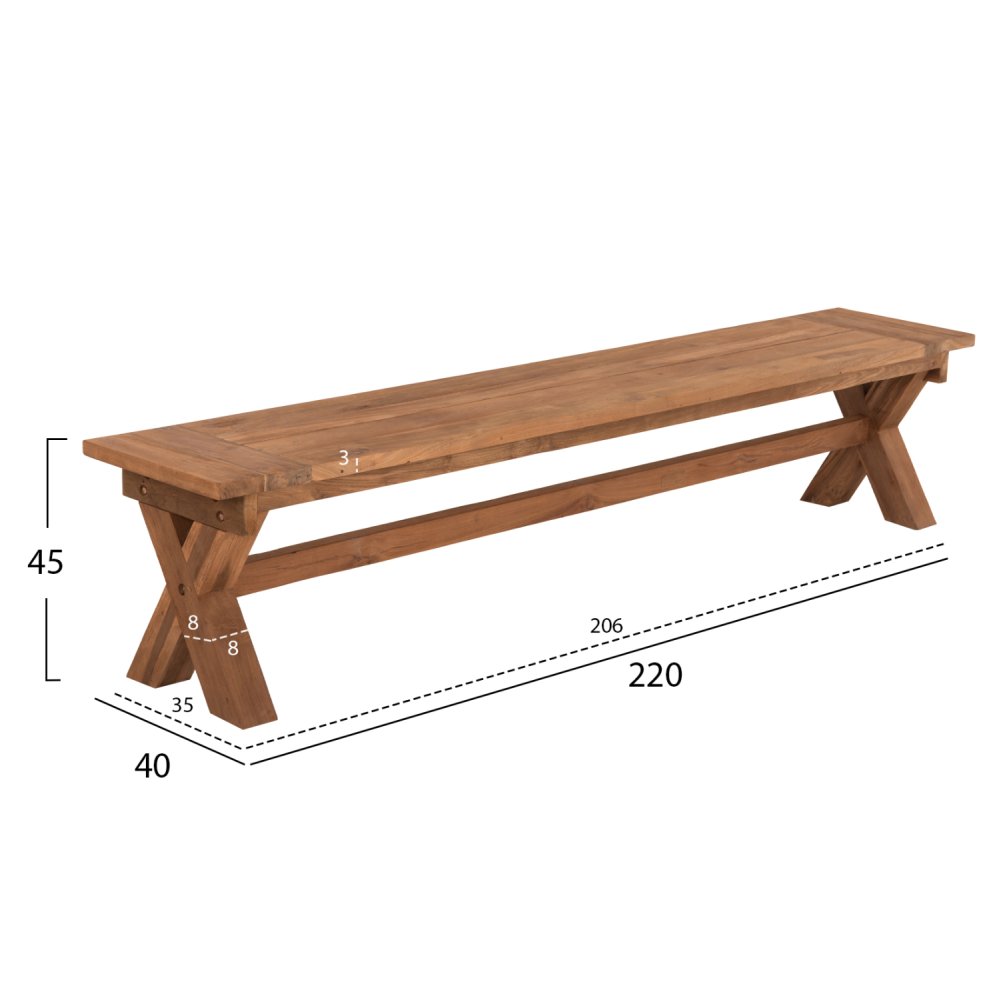AUSSENBANK RECYCELTES TEAKHOLZ IN NATÜRLICHER FARBE 220x40x45cm