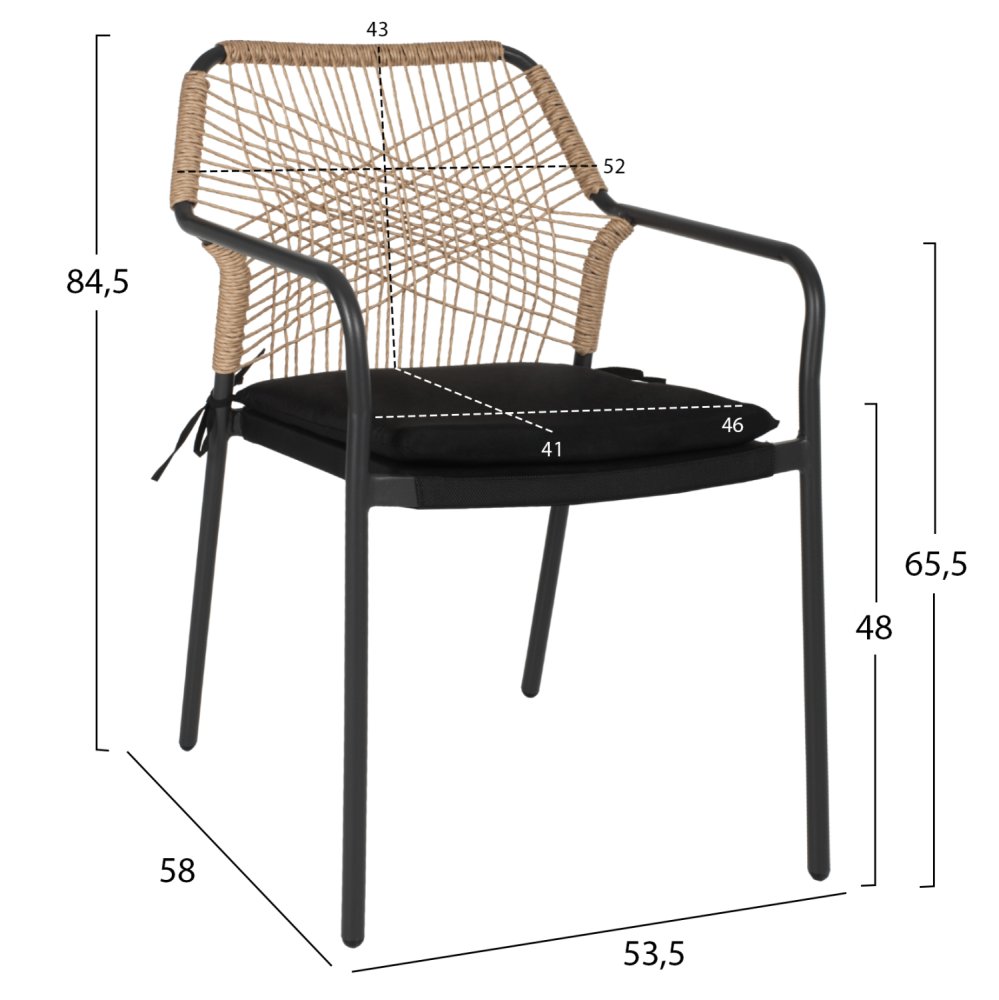 SESSEL AUS SCHWARZEM ALUMINIUM MIT BEIGEM GEWEBE UND KISSEN 53.5x58x84.5