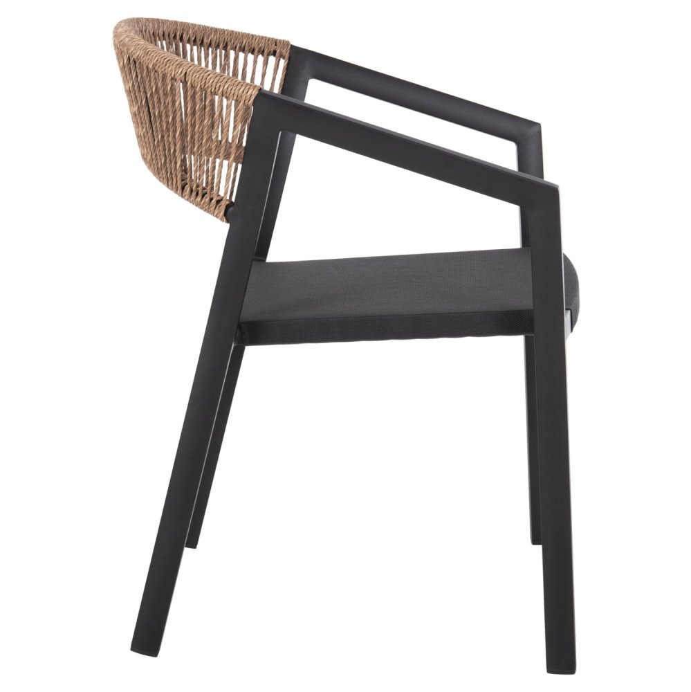 SESSEL ALUMINIUM SCHWARZER RAHMEN UND TEXTLINE - RÜCKENLEHNE AUS RATTAN IN BEIGE 57x63x82Hcm