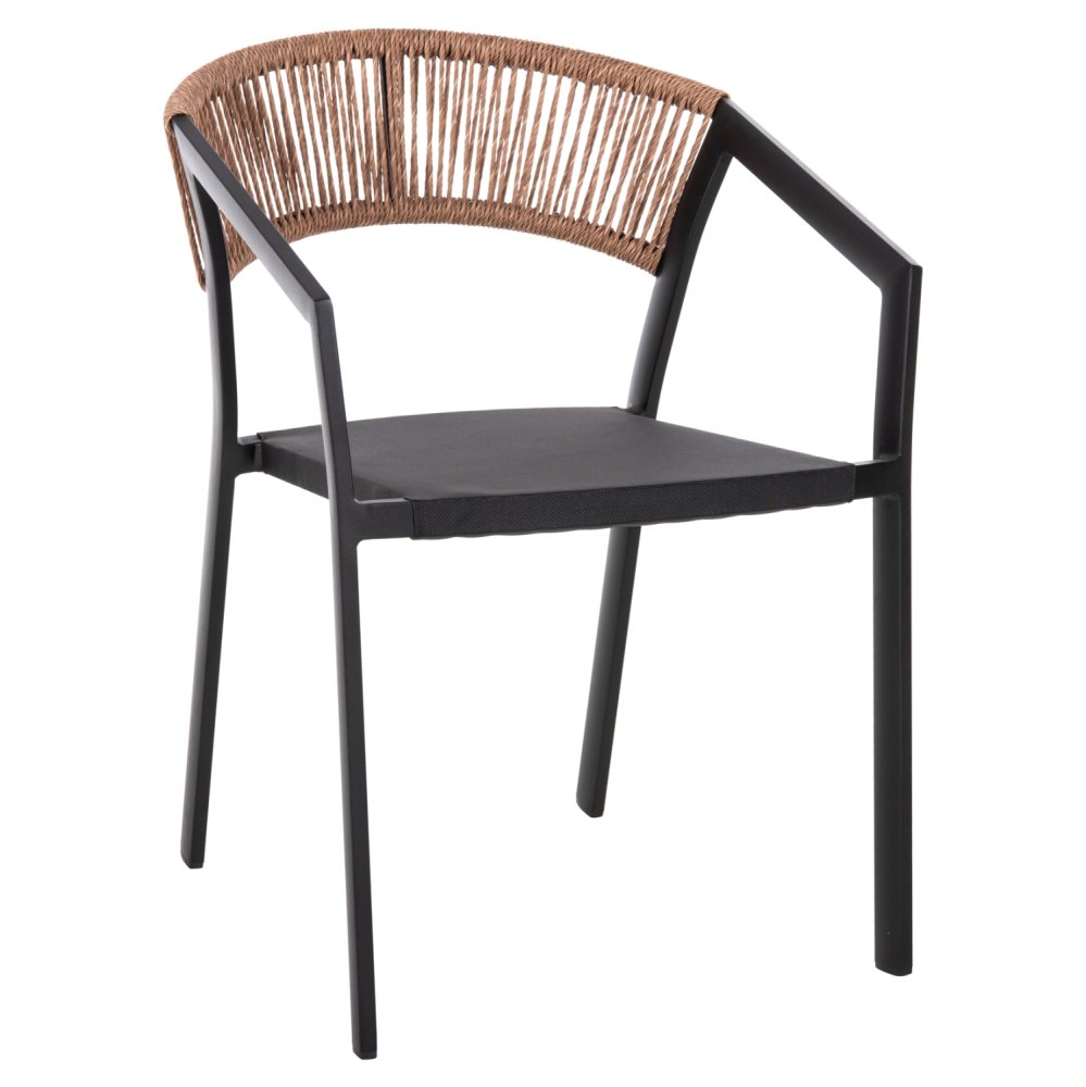 SESSEL ALUMINIUM SCHWARZER RAHMEN UND TEXTLINE - RÜCKENLEHNE AUS RATTAN IN BEIGE 57x63x82Hcm
