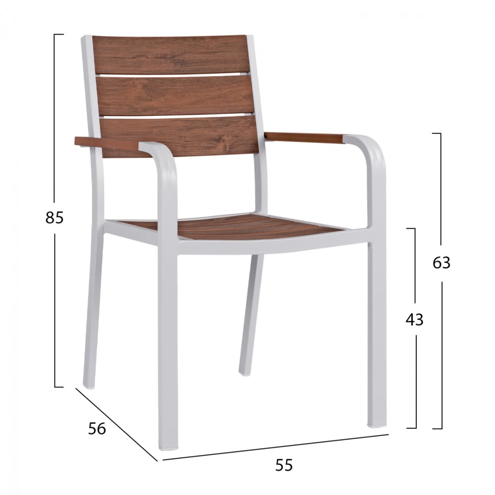 Aluminum Stuhl SAGA mit Armlehne in weiß mit Polywood 55x56x85cm