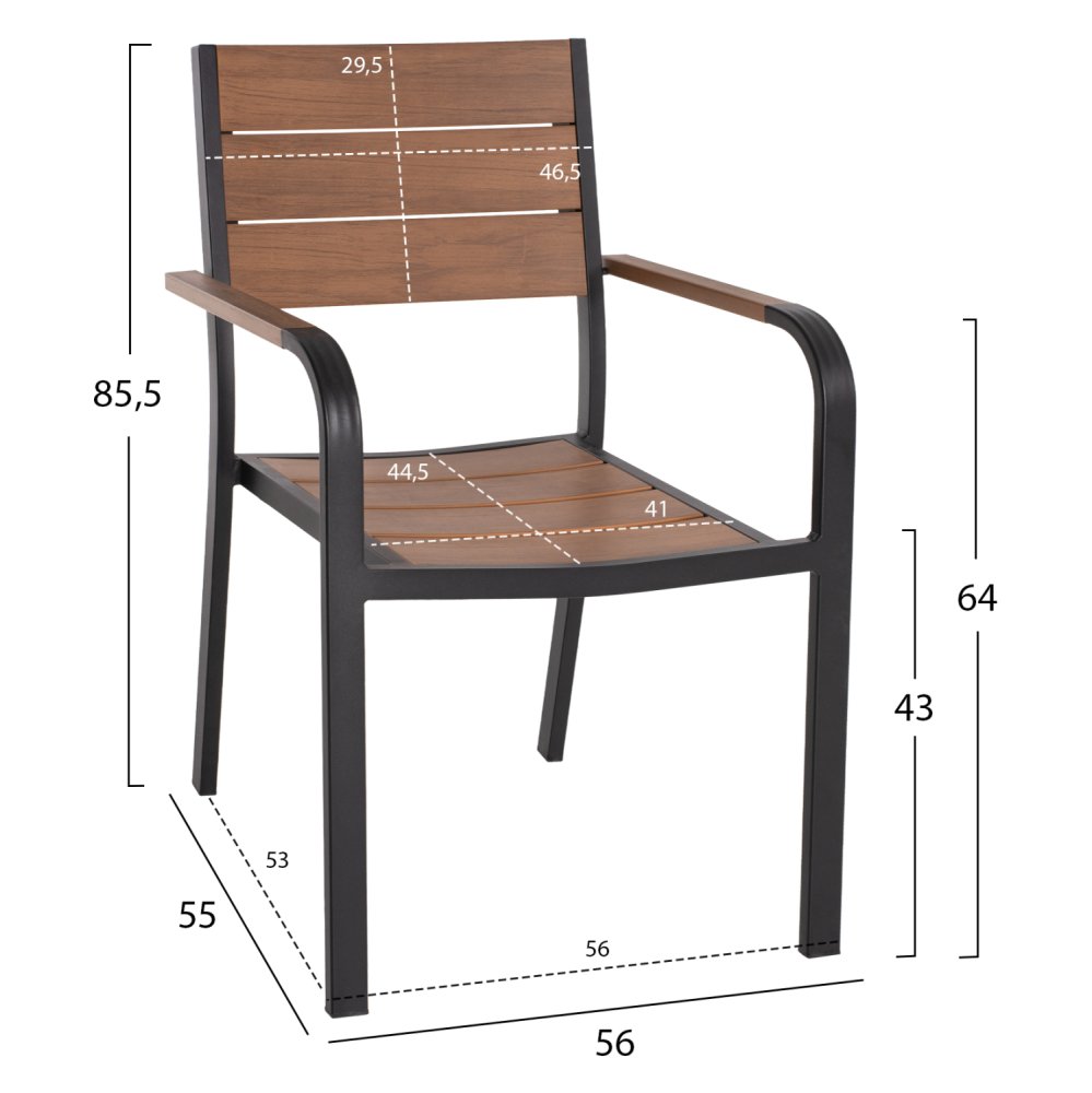 Aluminum Stuhl SAGA mit Armlehne in Carbon mit Polywood 55x56x85cm