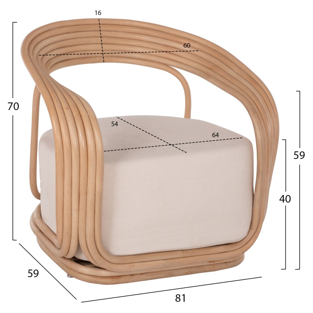 SESSEL HERZOGIN RATTAN MIT GROSSEM KISSEN 81x59x70 cm