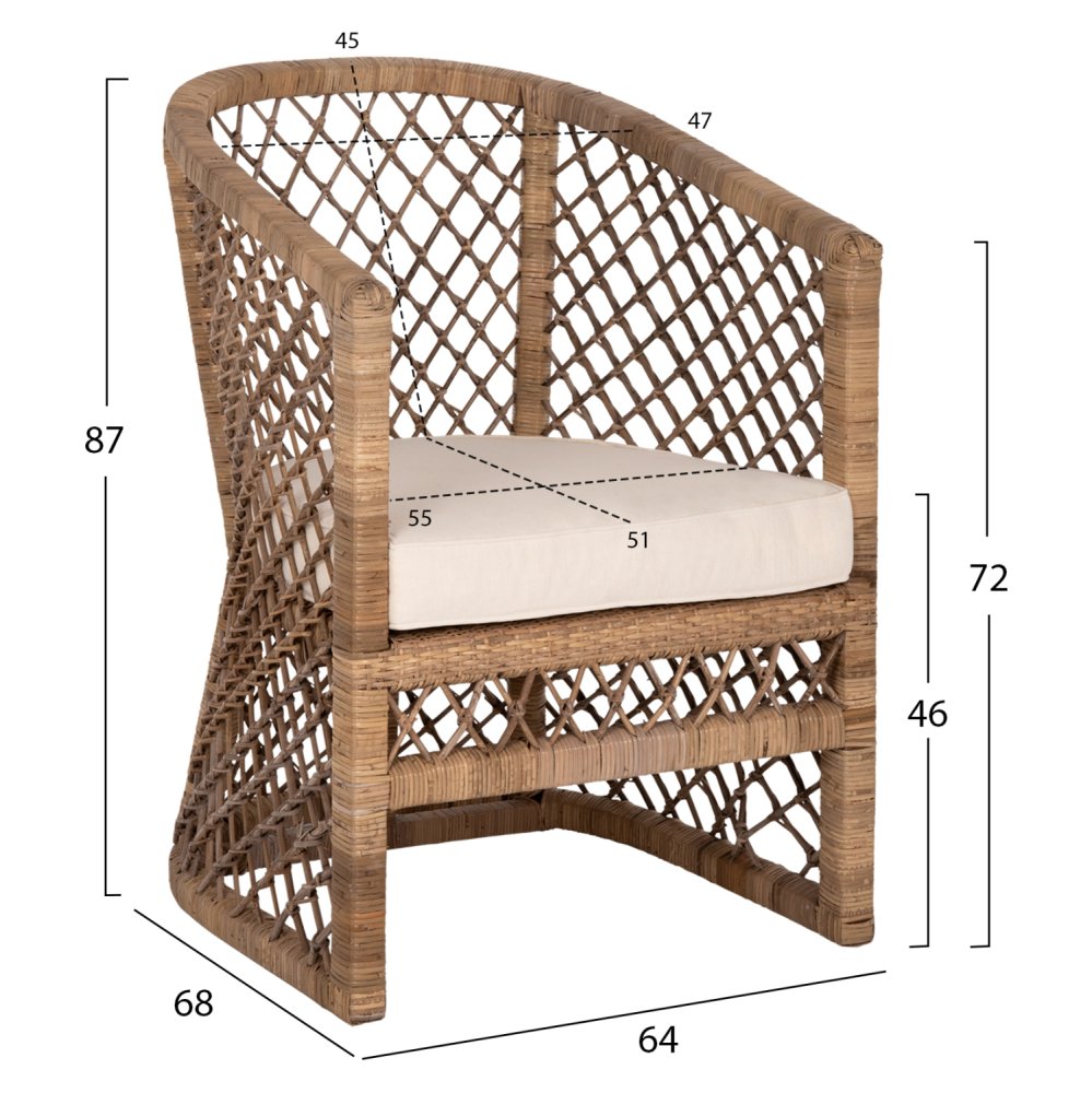 SESSEL RATTAN IN NATUR-KISSEN IN ECRU 64x68x87Hcm