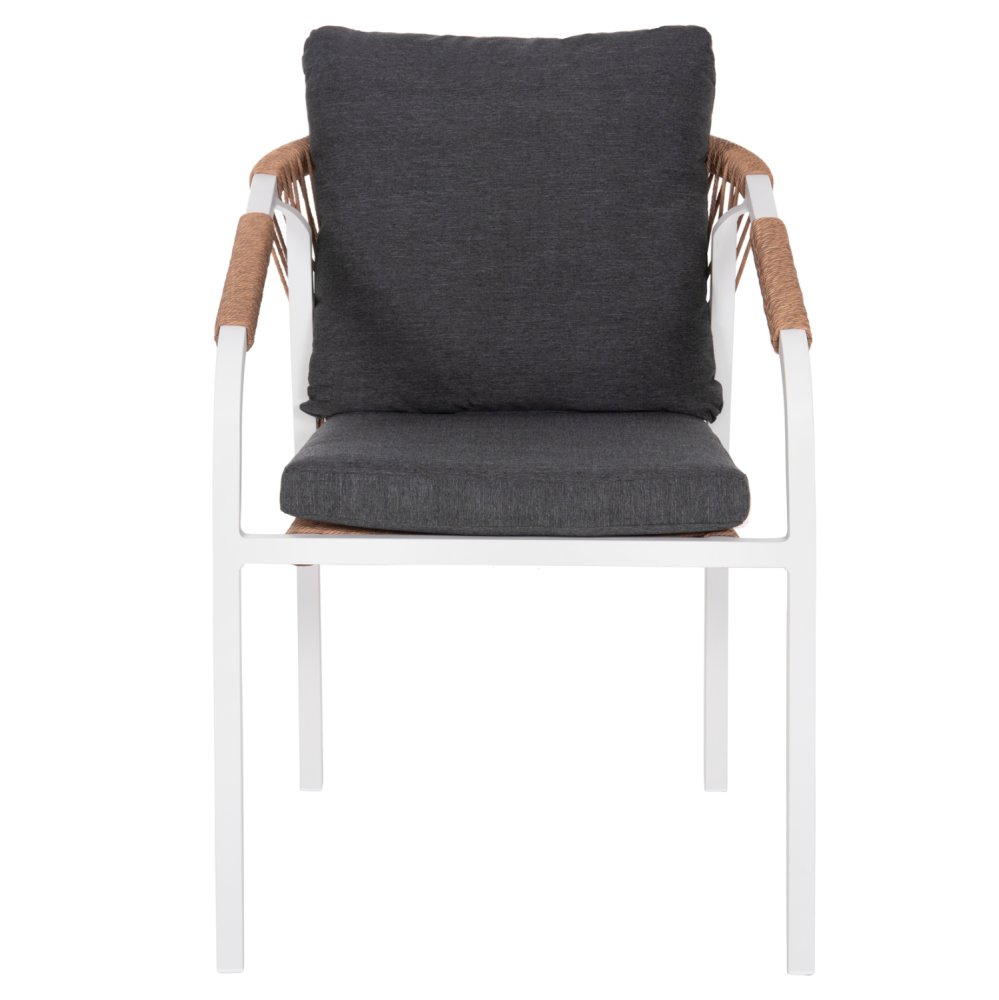 Chair made of white aluminum, light brown perattan with cushions.