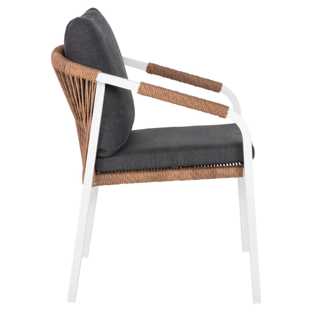Chair made of white aluminum, light brown perattan with cushions.