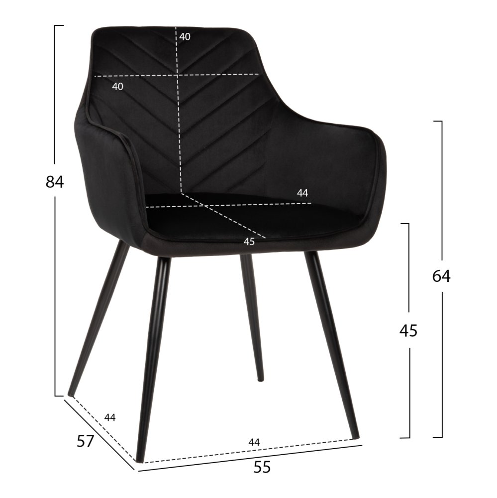 LATRELL SESSEL SCHWARZ SAMT & SCHWARZE METALLBEINE 55x57x84cm