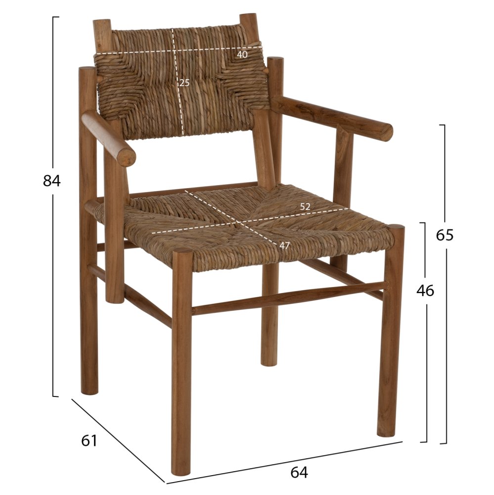 ARMCHAIR SOLID TEAK & RUSH-MATT- NATURAL 53X55X82