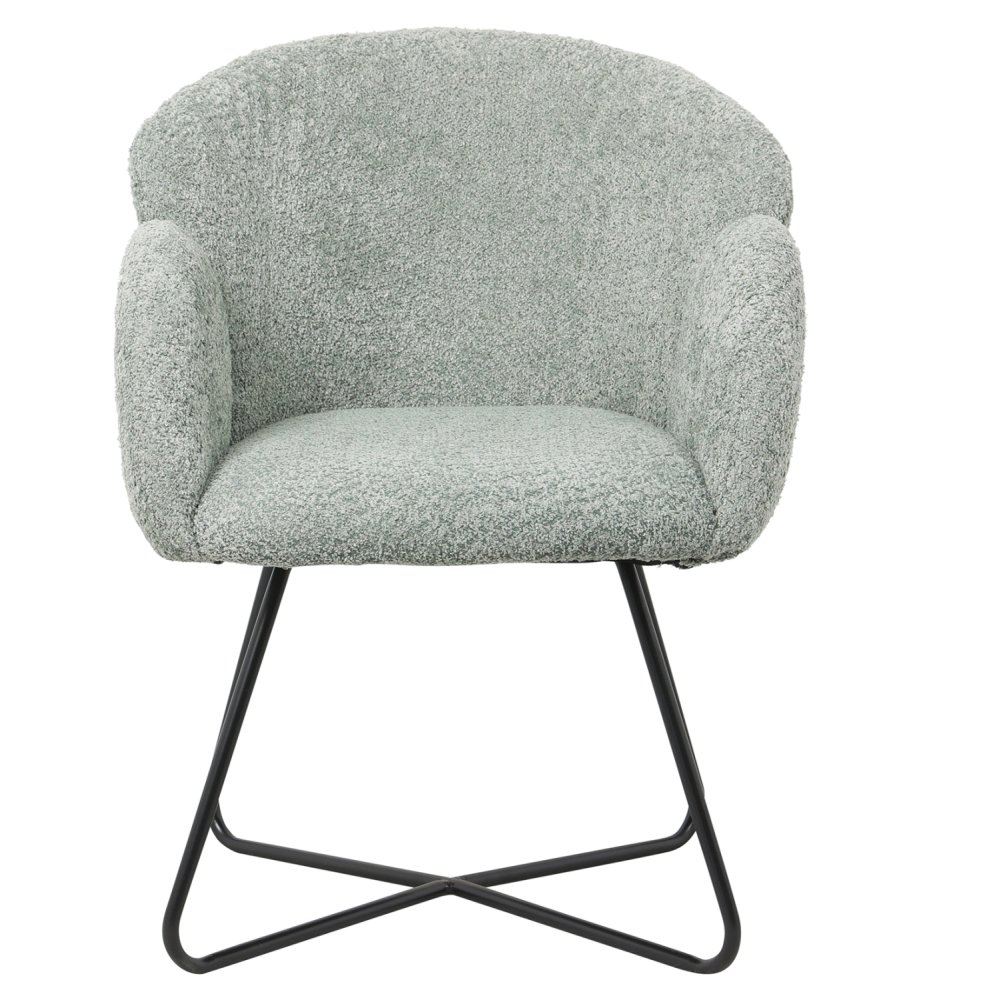 SESSEL IN PISTAZIEN GRÜN BOUCLE -SCHWARZES METALL.BEINE KREUZ 82x62x72Hm